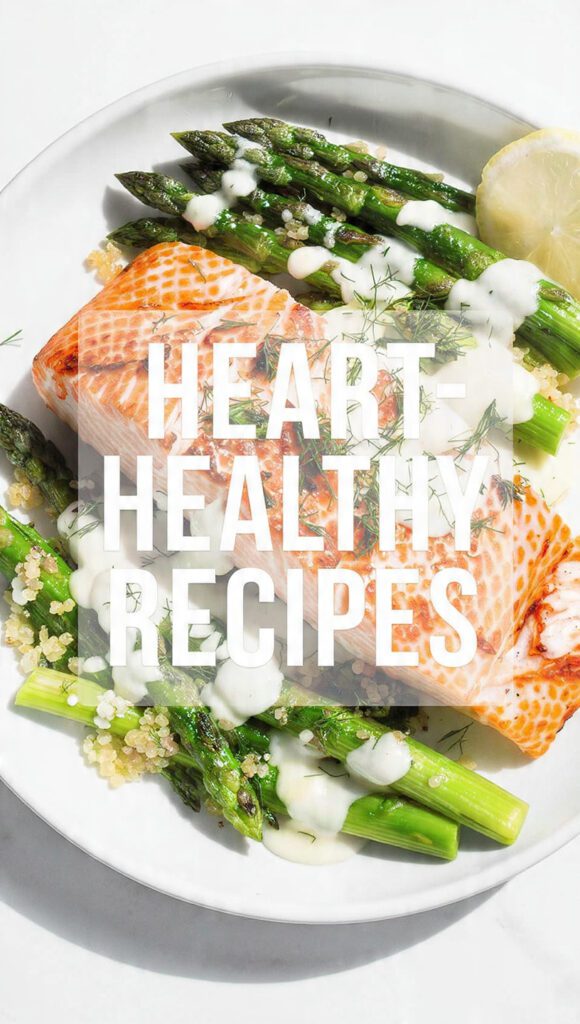 Vertical photo of a plated salmon, asparagus, and quinoa dish with a text overlay of the main keyword