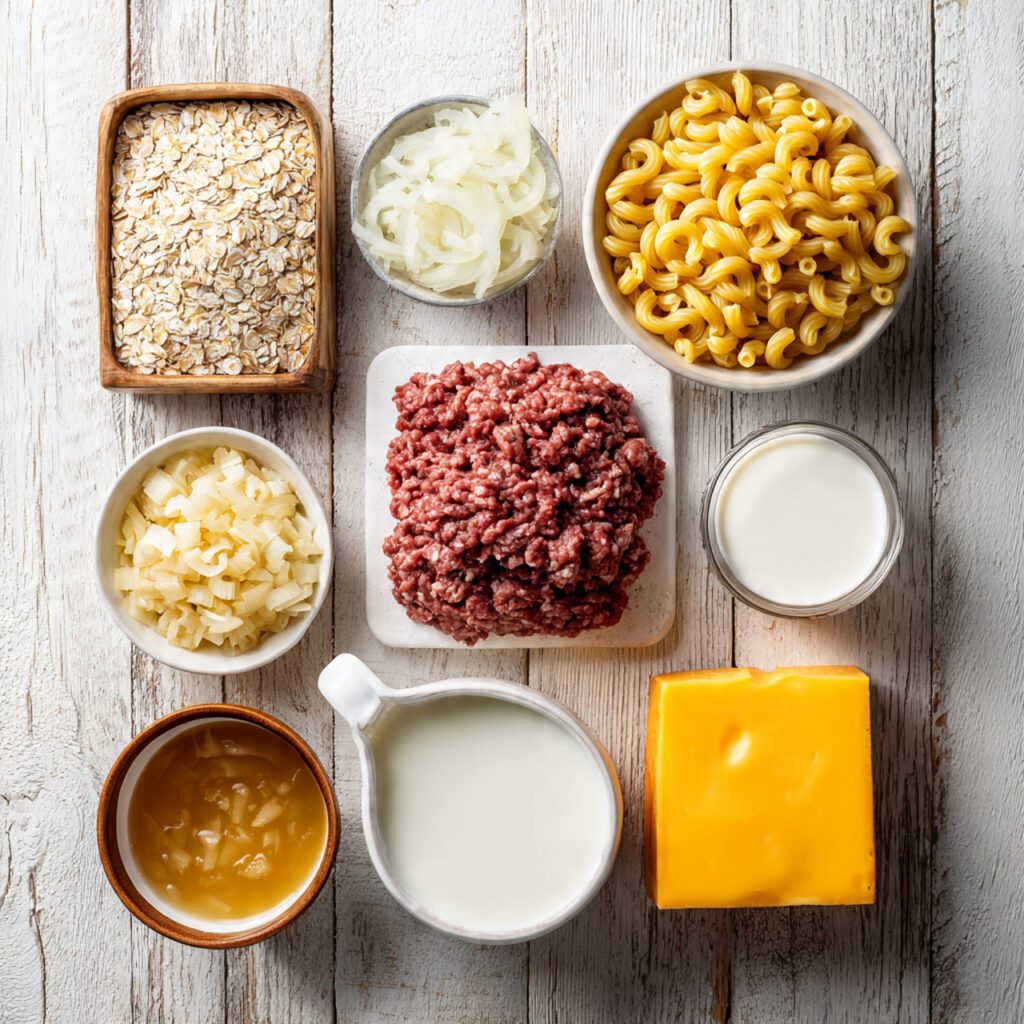 A flat lay collage of raw ingredients: ground beef, diced onion, beef broth carton, dried elbow macaroni, heavy cream, and cheddar cheese block used for the recipe.
