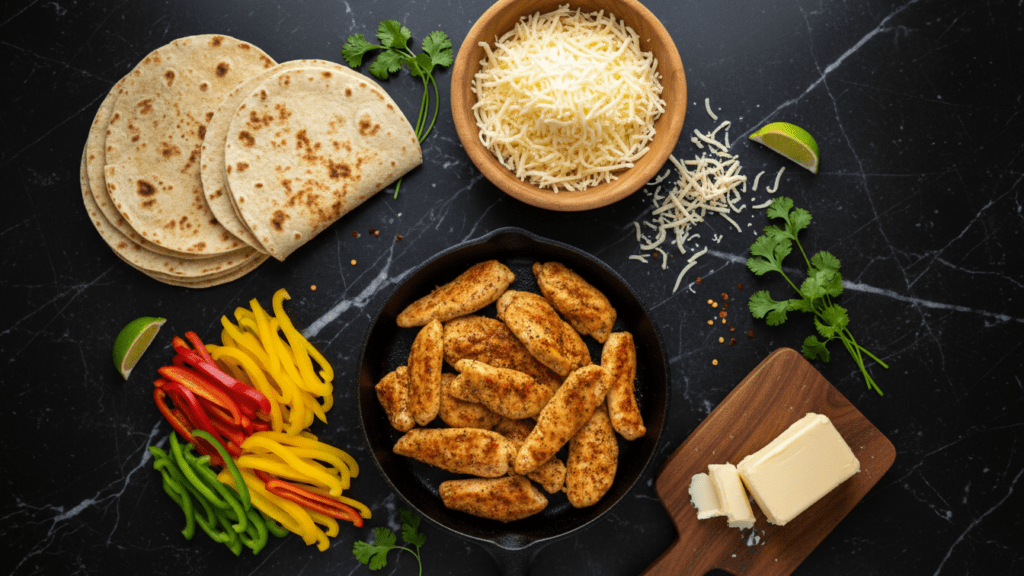 Collage of tortillas, shredded cheese, chicken, and peppers.