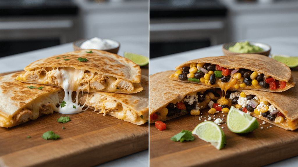 Two types of quesadillas, one chicken and one black bean.