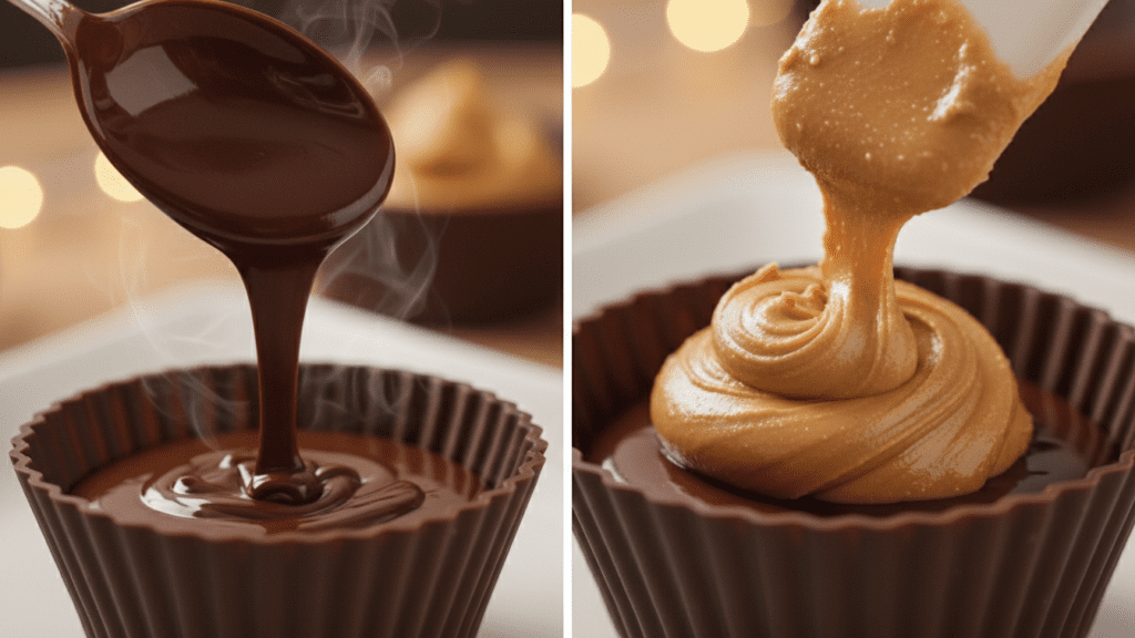 Close-up of melted chocolate being poured into mini muffin liners.