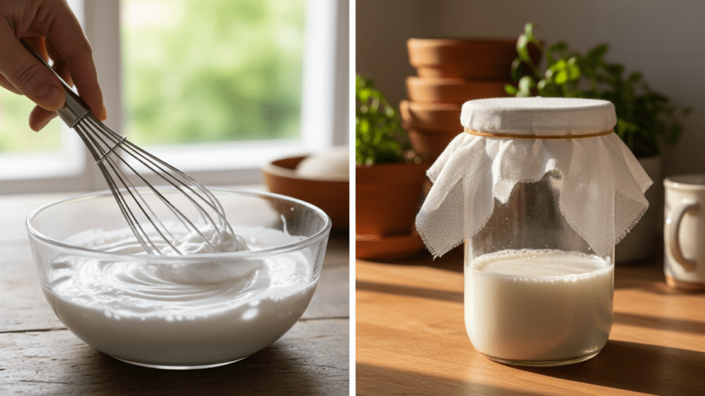 Close-up of whisking coconut milk and a jar covered with cheesecloth for fermentation.
