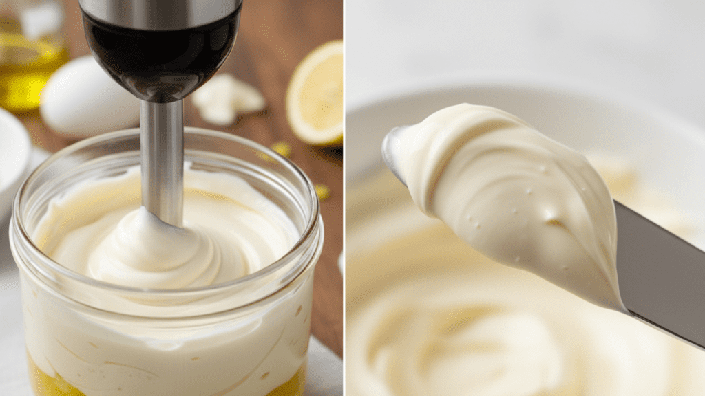 A close-up of an immersion blender creating white vegan mayo in a jar.