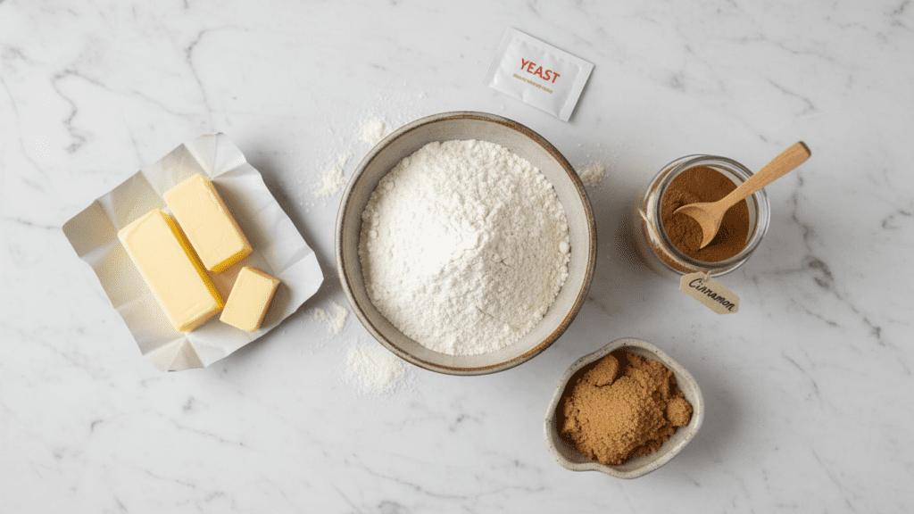 Ingredients for gluten-free cinnamon rolls including flour, cinnamon, and yeast
