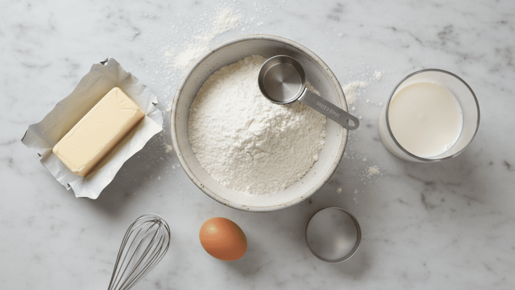 Ingredients for gluten-free biscuits including flour, butter, and buttermilk.