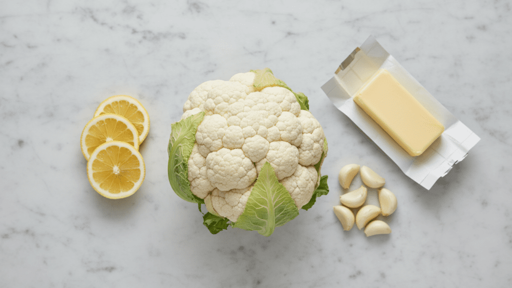 A collage of fresh cauliflower, butter, garlic, and lemon on a kitchen counter.