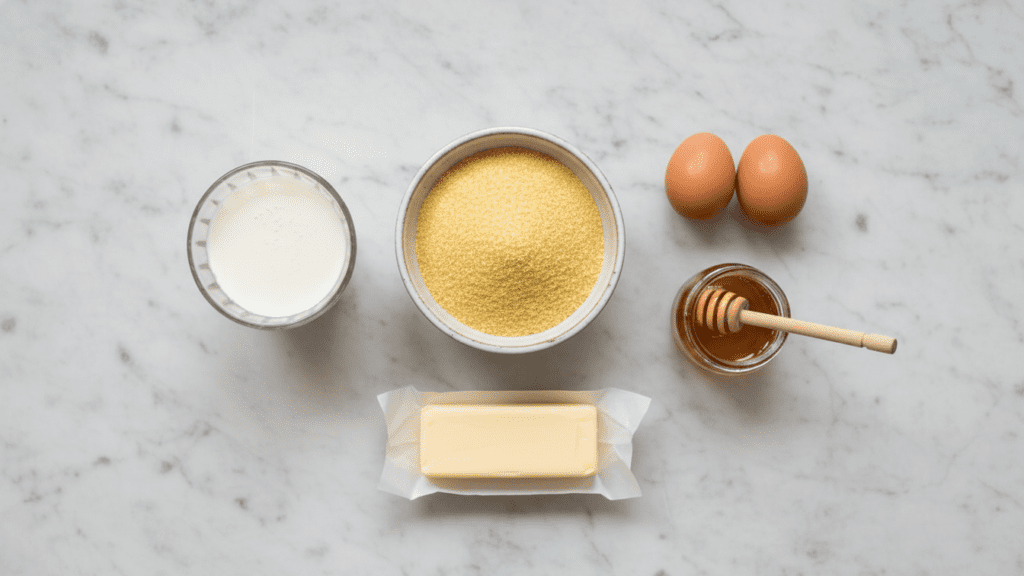 A collage of cornmeal, buttermilk, eggs, and honey on a kitchen counter.