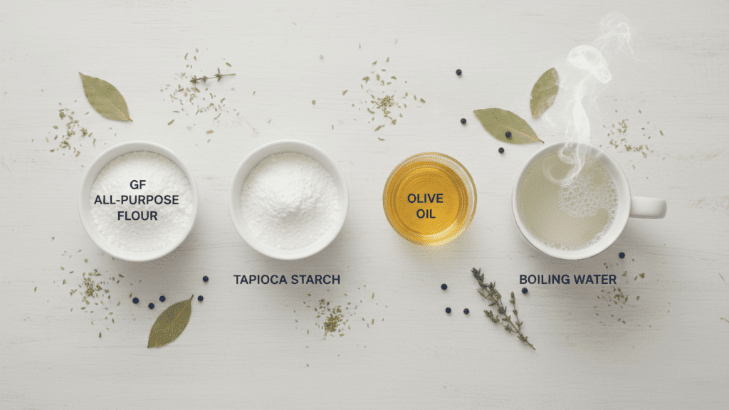 A collage of gluten-free flour blend, tapioca starch, olive oil, and boiling water for dumplings