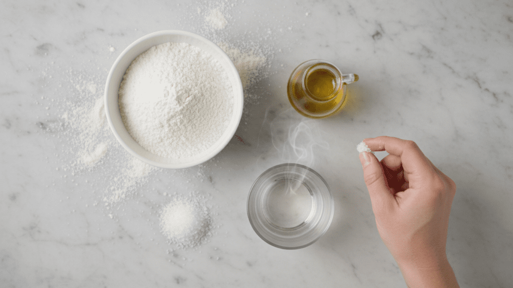 Ingredients collage for gluten-free tortillas including flour, olive oil, and warm water.