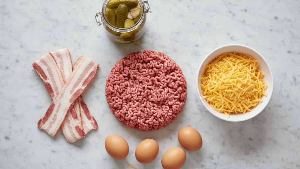 A collage of ground beef, bacon, eggs, cheddar cheese, and pickles on a countertop.
