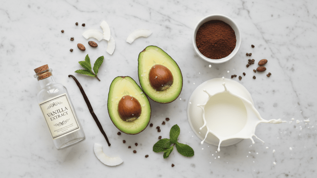 Ingredients collage for keto chocolate pudding including avocados, cocoa, and almond milk.