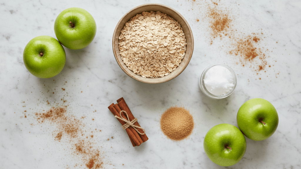 A collage of fresh green apples, rolled oats, cinnamon sticks, and coconut oil.