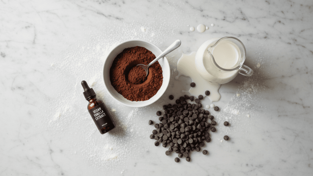 A collage of ingredients for vegan brownies including cocoa powder, sugar, and oat milk.