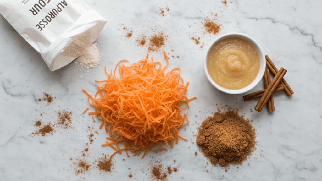 A collage of ingredients for vegan carrot cake including carrots, applesauce, and cinnamon.