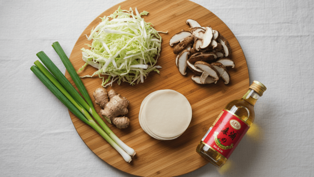 Ingredients collage for vegetable dumplings including cabbage, mushrooms, and wrappers.