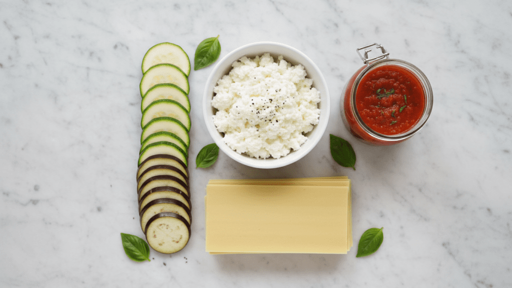 A flat-lay collage of lasagna ingredients including zucchini, eggplant, ricotta, and noodles