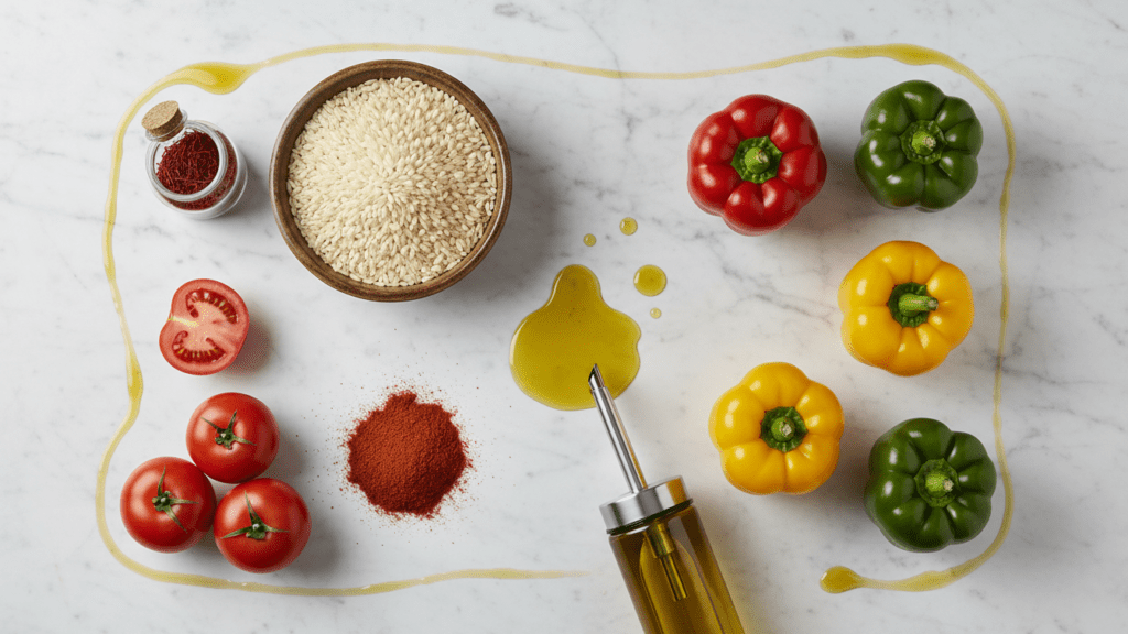 Ingredients collage for vegetable paella including saffron, Bomba rice, and fresh vegetables