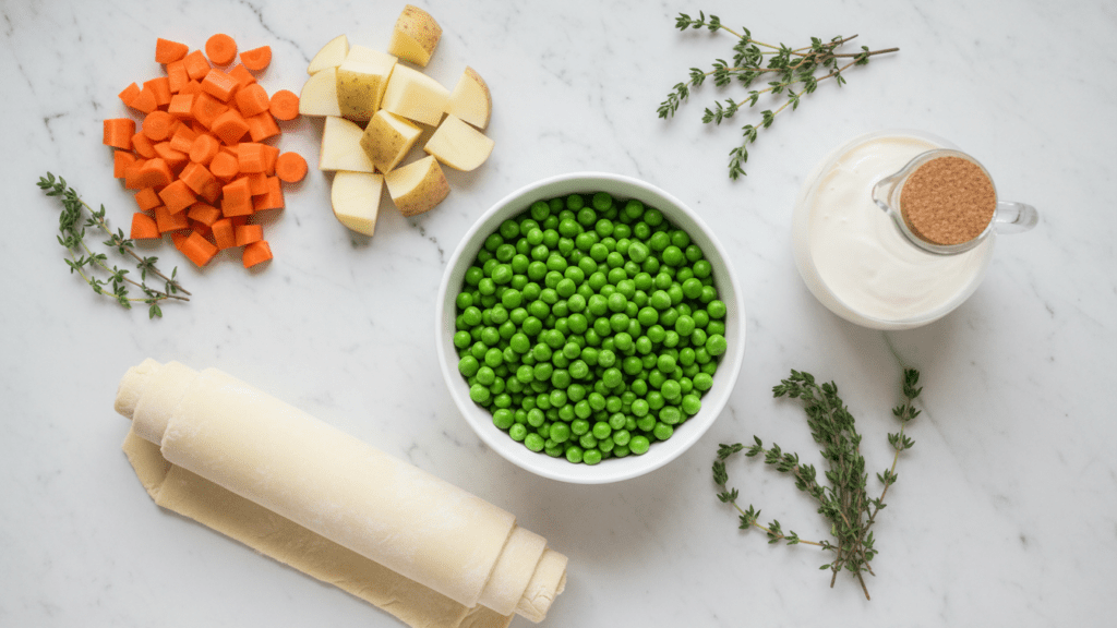 Ingredients for vegetable pot pie including carrots, potatoes, peas, and puff pastry