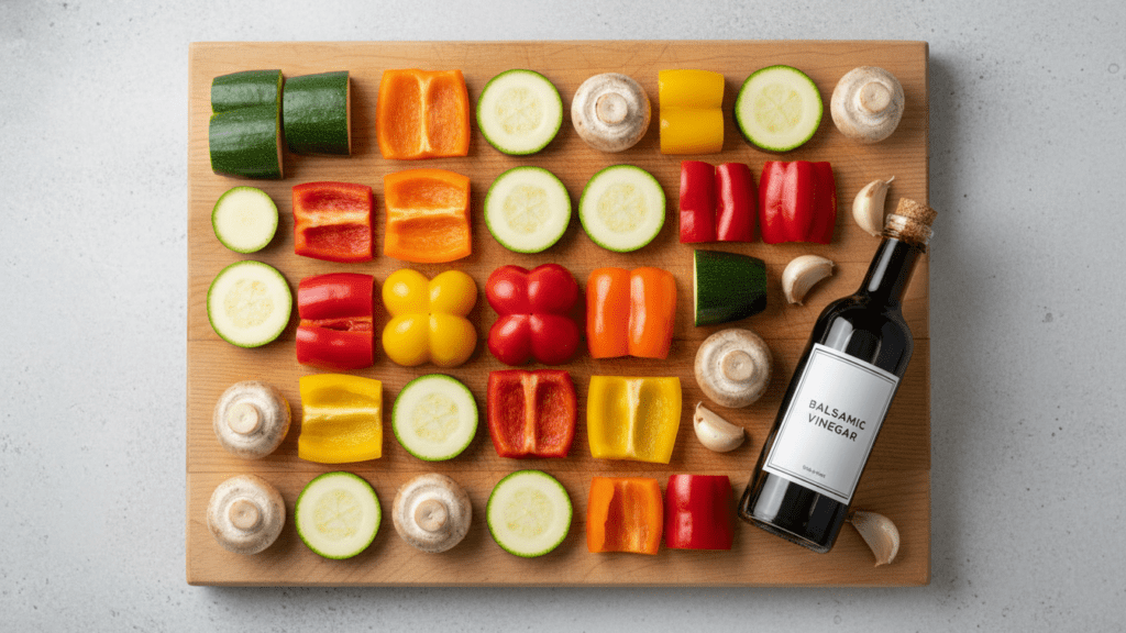 Ingredients collage for vegetable skewers including fresh peppers, zucchini, and balsamic vinegar