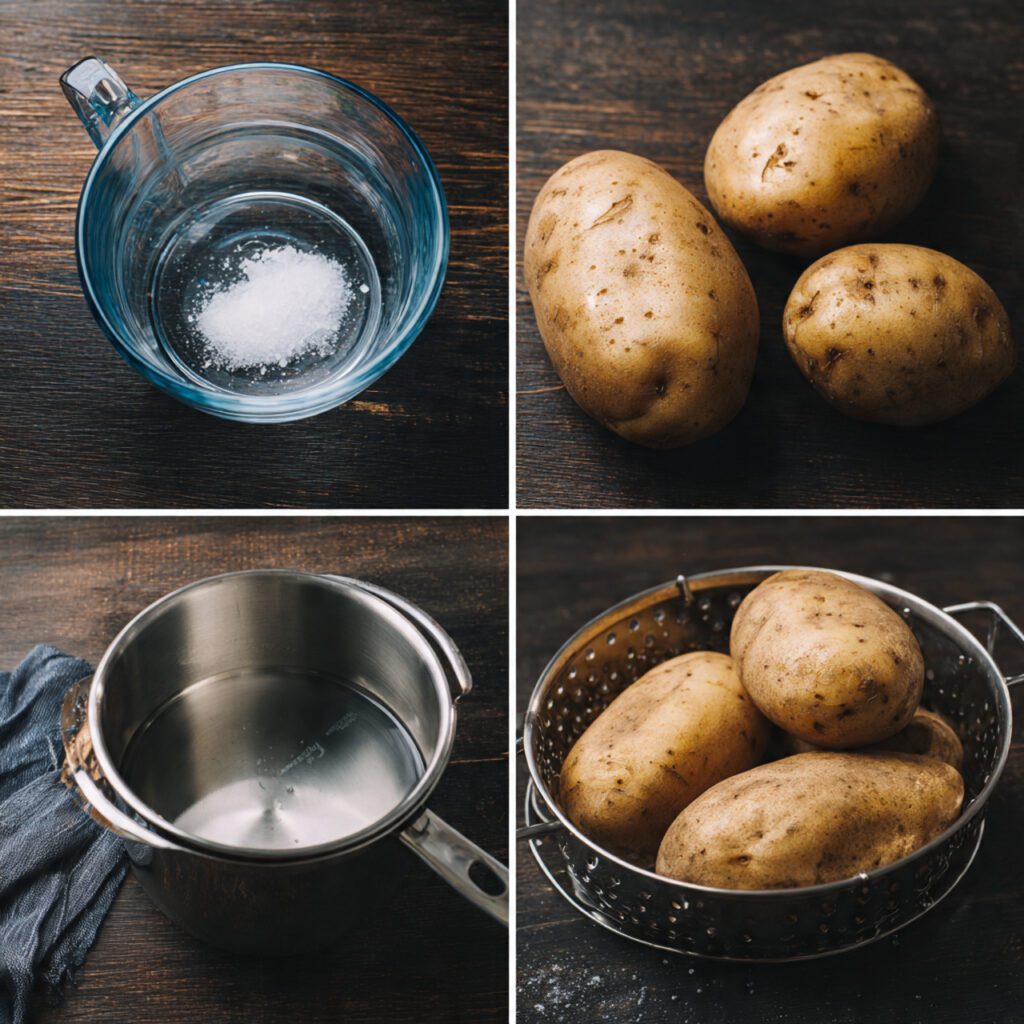 A collage showing the raw ingredients and tools: 4 Russet potatoes (pricked), a measuring cup of water, and the Instant Pot trivet/steamer rack.