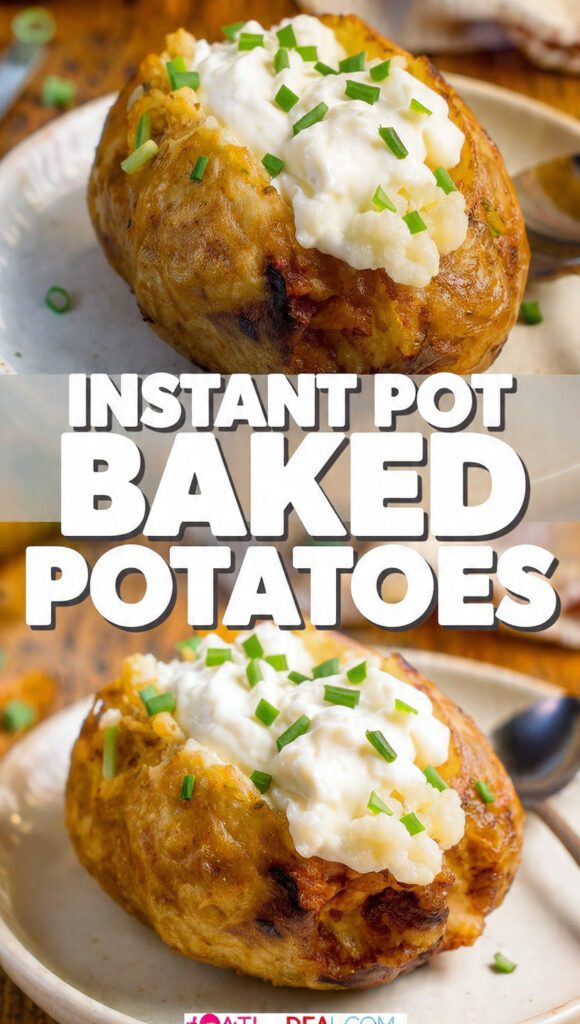 A close-up shot of a large Russet potato, cut open, showing the fluffy, steaming white interior, loaded with butter, sour cream, and chives, next to an Instant Pot. The text overlay reads: "INSTANT POT BAKED POTATOES".