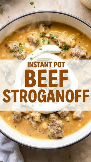 A bowl of creamy Instant Pot Beef Stroganoff with egg noodles, mushrooms, and tender beef, topped with sour cream and parsley, featuring the recipe title text overlay.