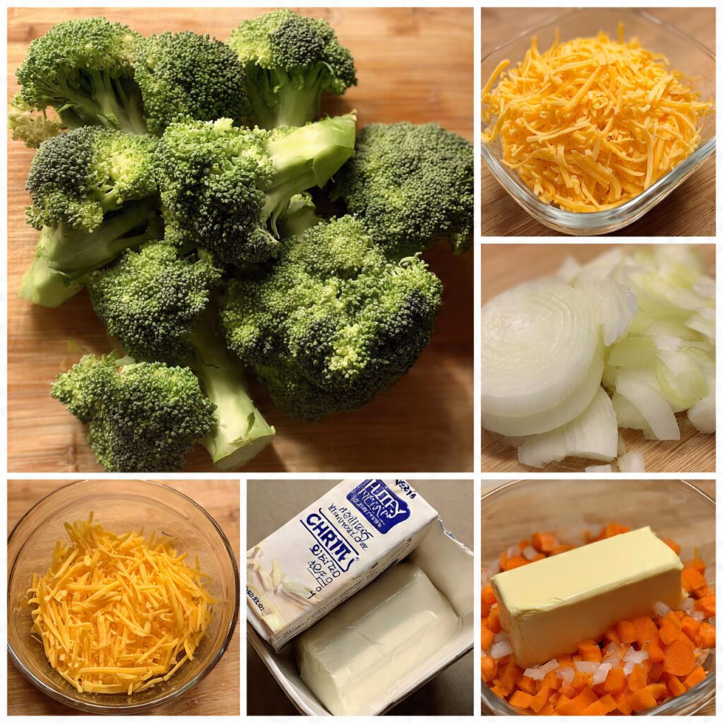 A collage showing the raw ingredients: a head of broccoli florets, shredded sharp cheddar cheese (freshly grated), a carton of heavy cream, a stick of butter, and diced onion/carrot.