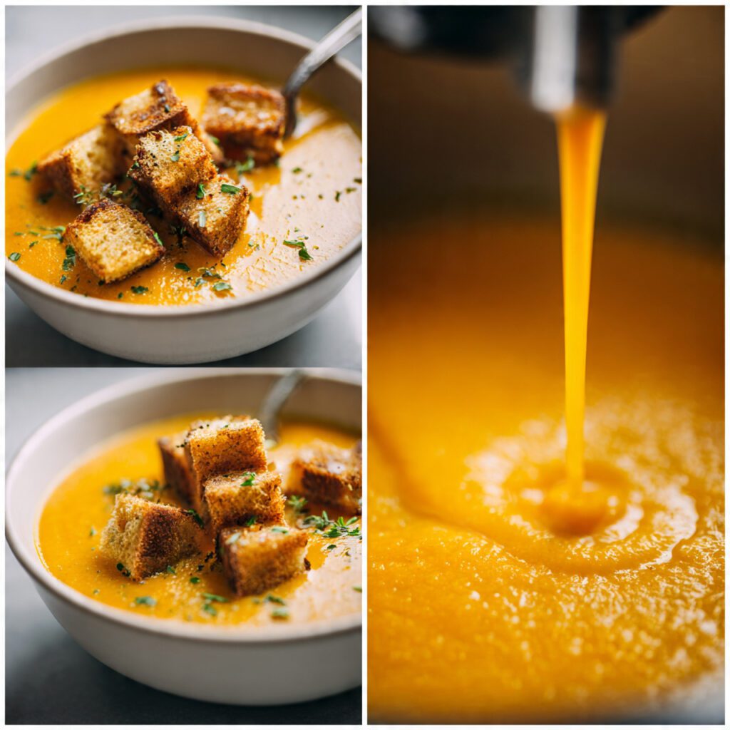 Two servings of the soup. One is a wide shot of a bowl of the soup with cheesy croutons and a spoon. The other is an extreme close-up of an immersion blender blending the soup directly in the Instant Pot liner, showing the thick, vibrant color before the cheese is added.