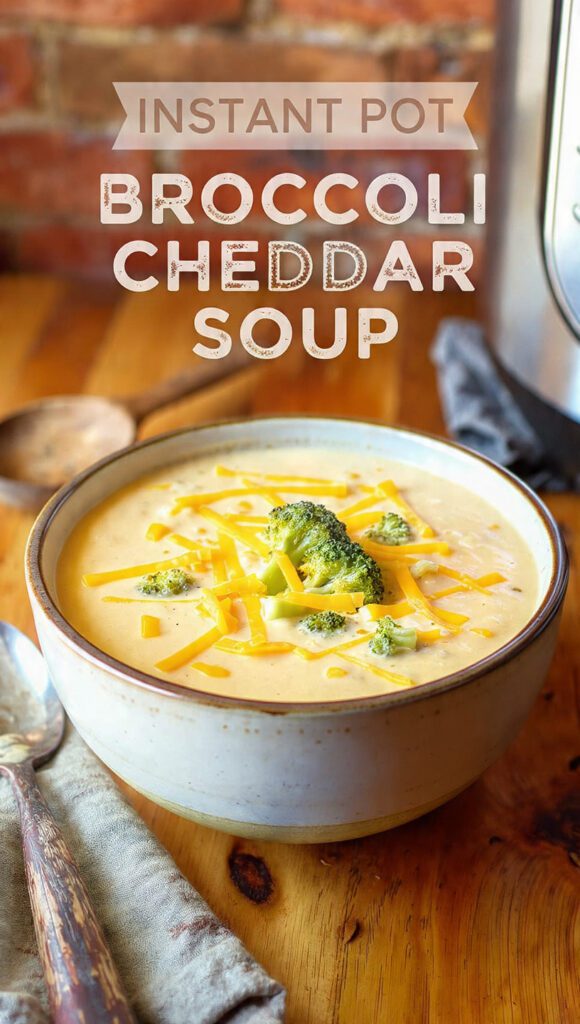 A close-up shot of a bowl of thick, creamy, vibrant Instant Pot Broccoli Cheddar Soup, garnished with shredded cheddar cheese and a sprig of broccoli, next to the Instant Pot. The text overlay reads: "INSTANT POT BROCCOLI CHEDDAR SOUP".