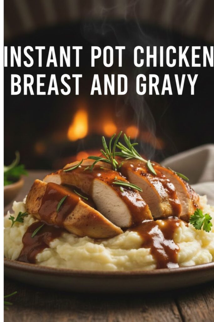 A close-up shot of a sliced chicken breast on a plate, completely covered in thick, rich brown gravy, garnished with fresh parsley. The background is blurred to focus on the food. The text overlay reads: "INSTANT POT CHICKEN BREAST AND GRAVY".