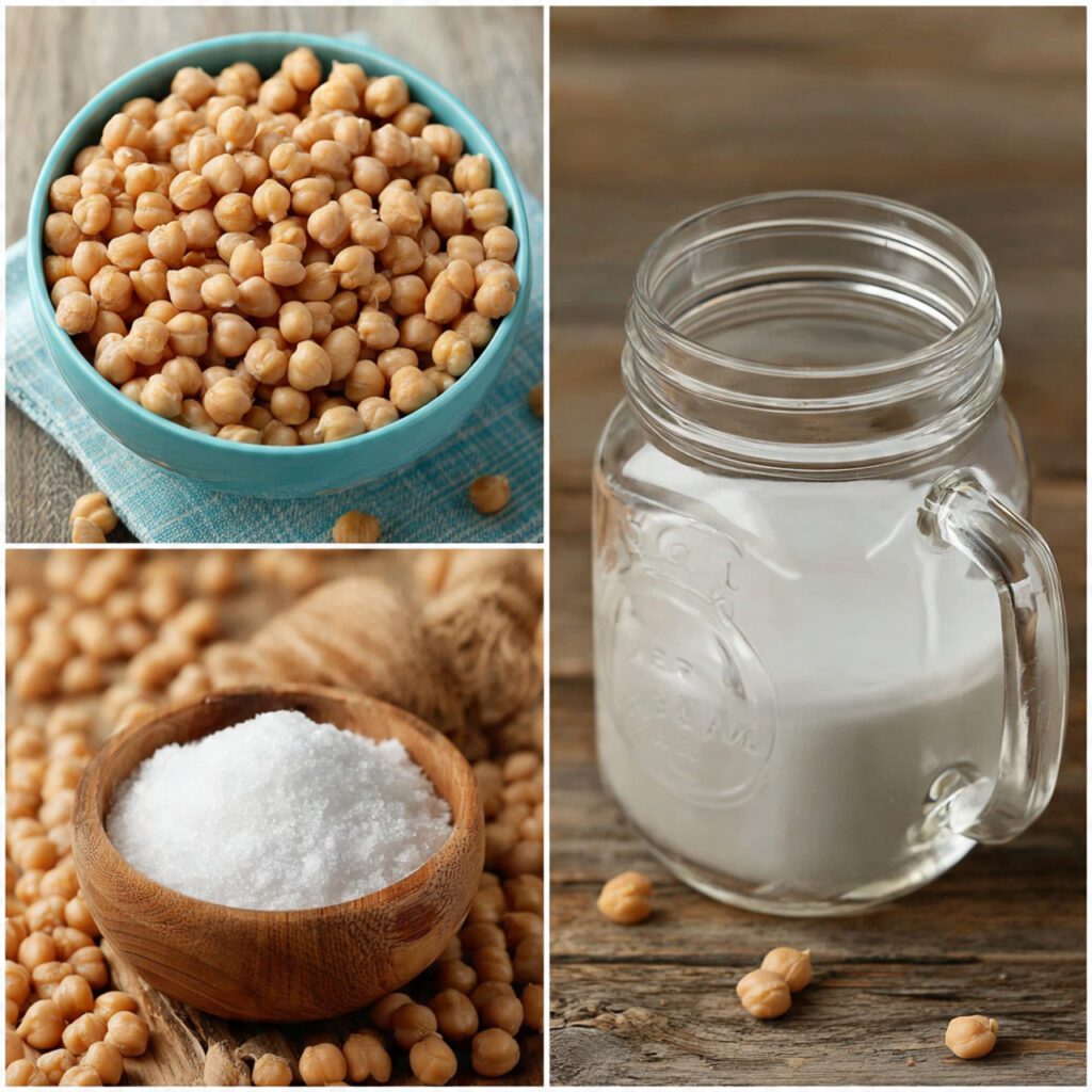 A collage showing the raw ingredients: a bowl of dried chickpeas, a measuring cup of water, and a jar of baking soda, next to the Instant Pot.