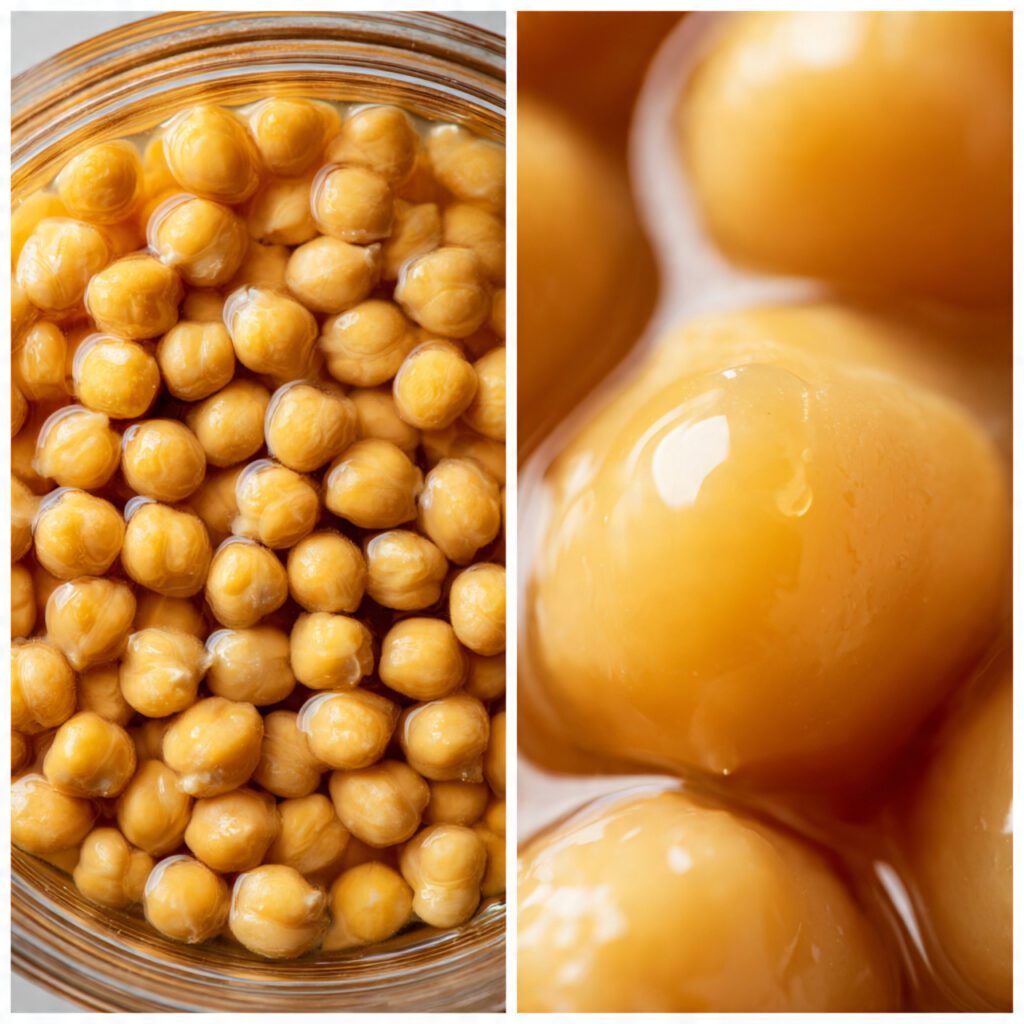 Two servings of the chickpeas. One is a wide shot of a large glass container filled with cooked chickpeas submerged in their liquid (aquafaba) for storage. The other is an extreme close-up of a single cooked chickpea, showing the creamy, tender internal texture and intact skin.