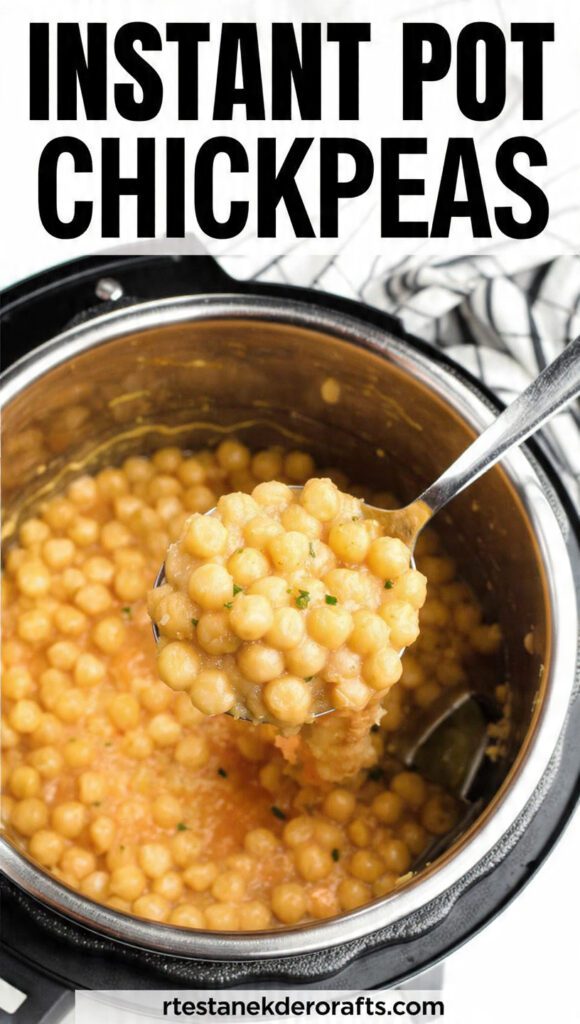A close-up shot of the Instant Pot inner pot filled with perfectly cooked, plump, tender chickpeas, with a slotted spoon lifting a handful, showing the creamy texture. The text overlay reads: "INSTANT POT CHICKPEAS".