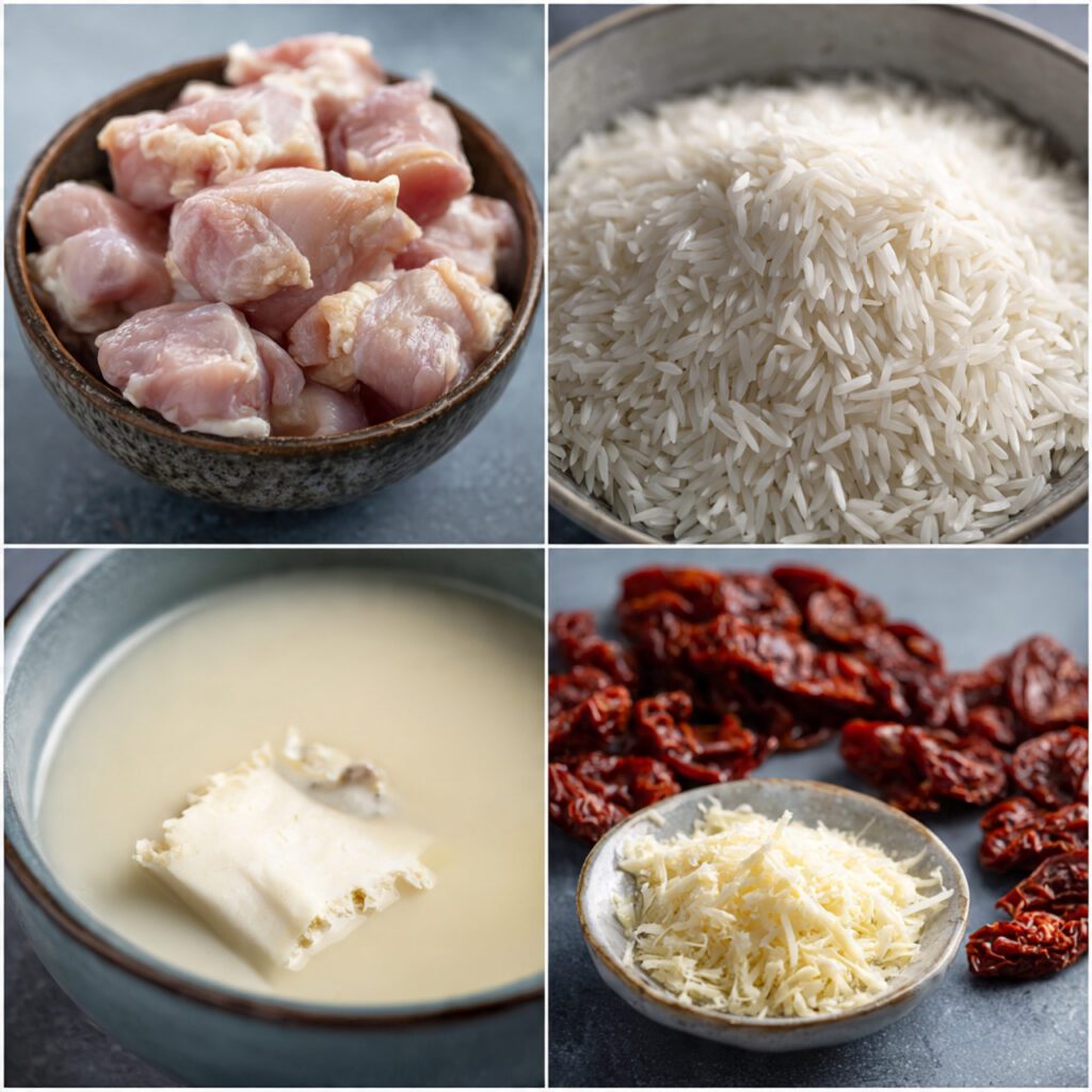 A collage showing the raw ingredients ready for the Instant Pot: cubed chicken thighs, uncooked white rice (rinsed), chicken broth, sun-dried tomatoes, and a small bowl of heavy cream and Parmesan.