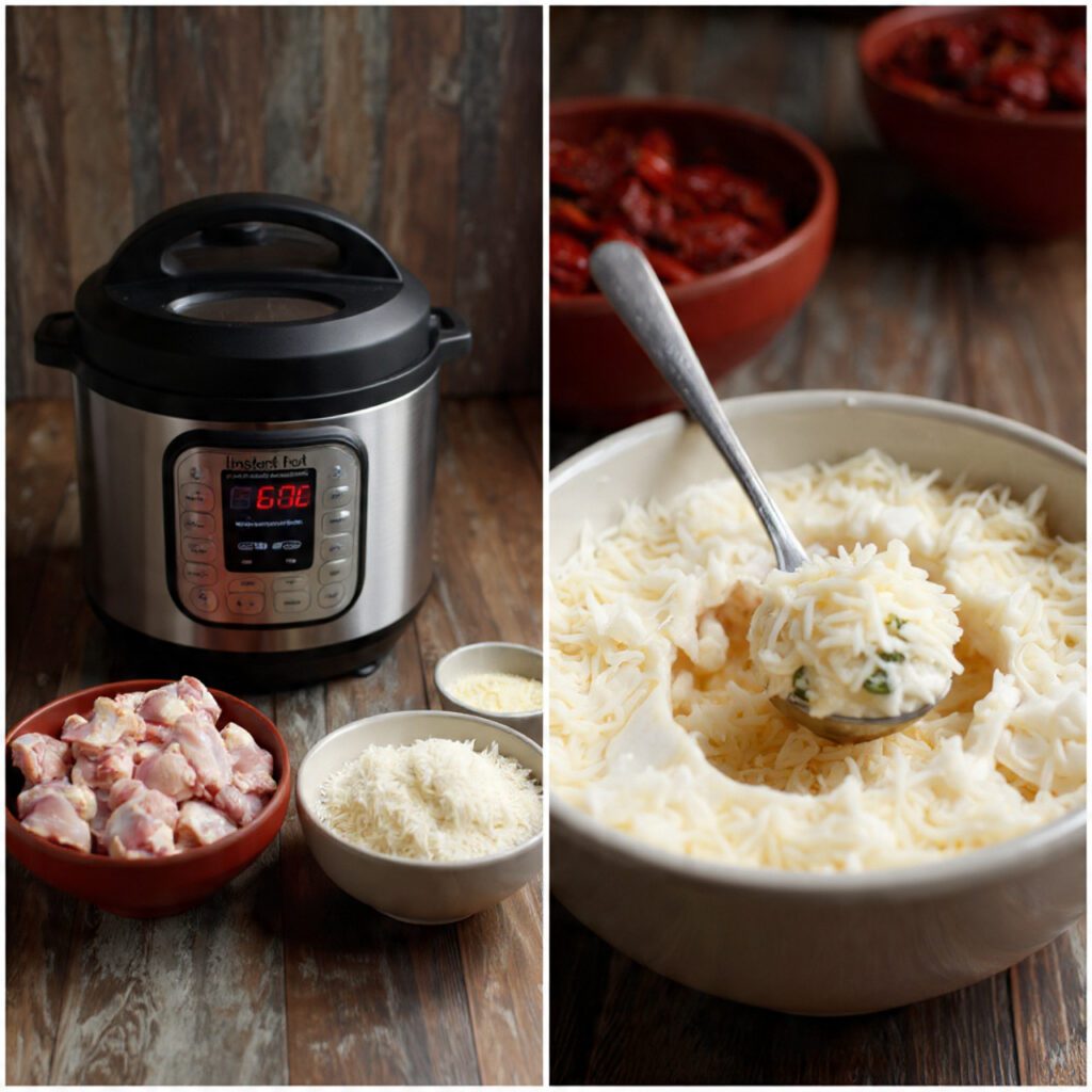 Two servings of the meal. One is a wide shot of the Instant Pot on the counter with two bowls of the creamy chicken and rice scooped out. The other is an extreme close-up of a spoon digging into the creamy rice and chicken, showing the melted Parmesan and wilted spinach.