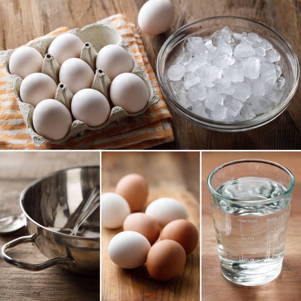 A collage showing the raw ingredients and tools: a dozen raw eggs on a trivet, a bowl of ice water, and a measuring cup of water, ready for the Instant Pot.