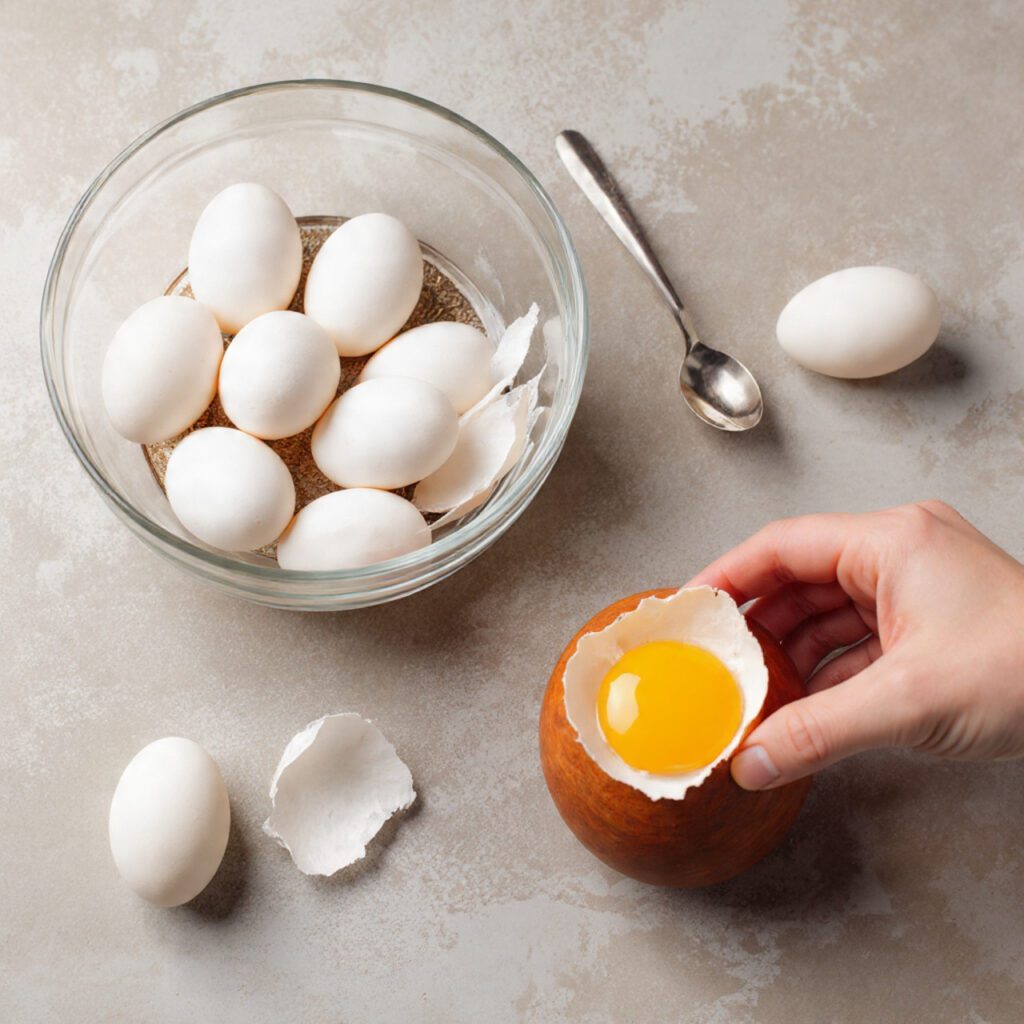 Two servings of the eggs. One is a wide shot of a bowl full of hard boiled eggs (some peeled, some unpeeled). The other is an extreme close-up of a hand peeling an egg, with the shell coming off cleanly in large, satisfying pieces.