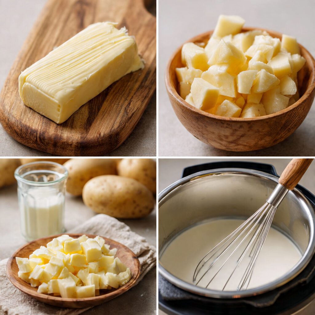 A collage showing the raw ingredients and tools: peeled and cubed Russet potatoes, a stick of butter, a glass of warm milk, and the Instant Pot liner and masher.