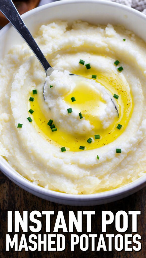 A close-up shot of a bowl of creamy, fluffy Instant Pot Mashed Potatoes, topped with melted butter and fresh chives, with a large spoon in the center. The text overlay reads: "INSTANT POT MASHED POTATOES".