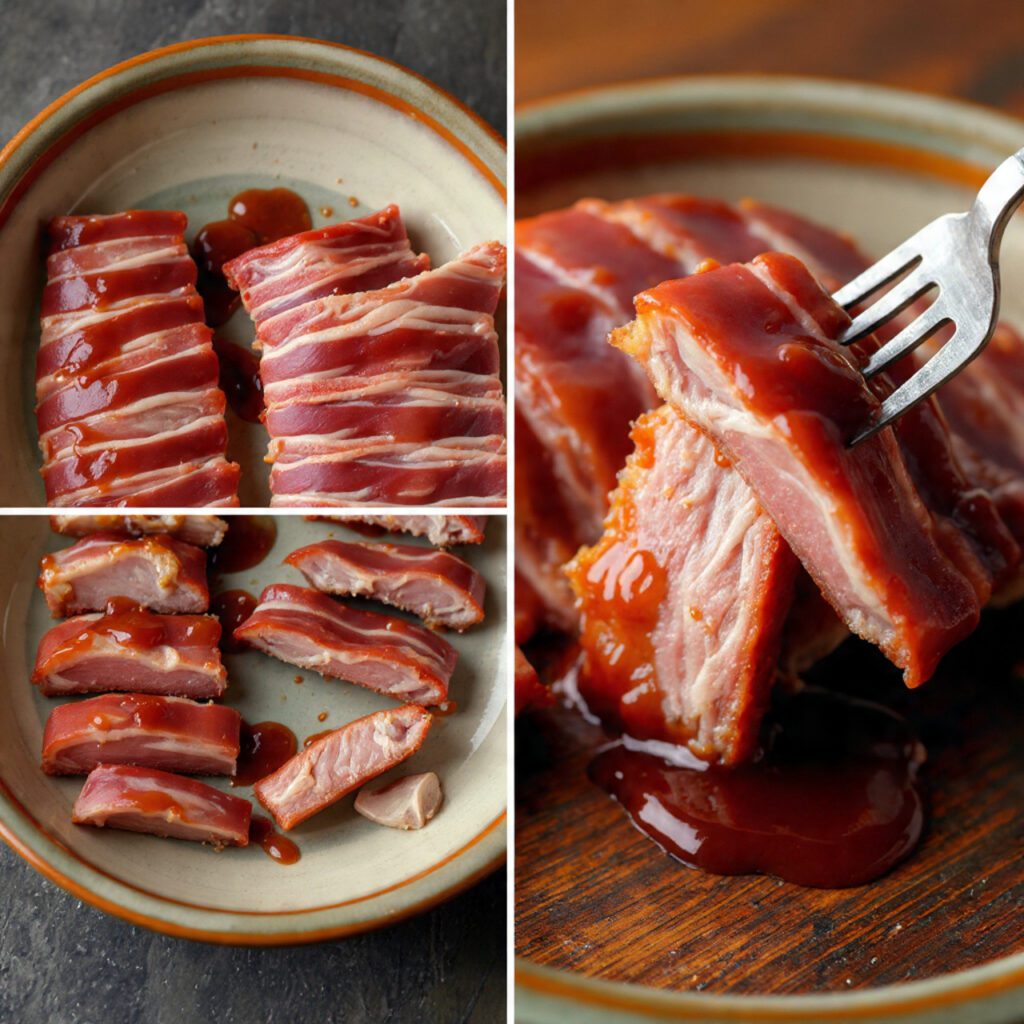 Two servings of the ribs. One is a wide shot of a platter of sauced and broiled ribs, cut into individual pieces. The other is an extreme close-up of a fork easily pulling a piece of meat from the bone of a rib, glistening with the sticky BBQ sauce.