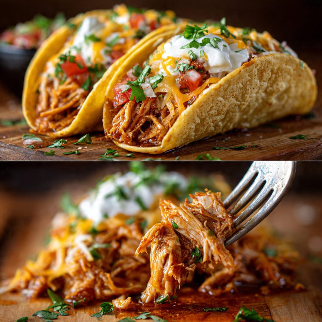 Two servings of the tacos. One is a wide shot of two fully loaded shredded chicken tacos with cheese and sour cream. The other is an extreme close-up of a fork lifting a piece of the moist, seasoned shredded chicken, glistening with the taco jus.