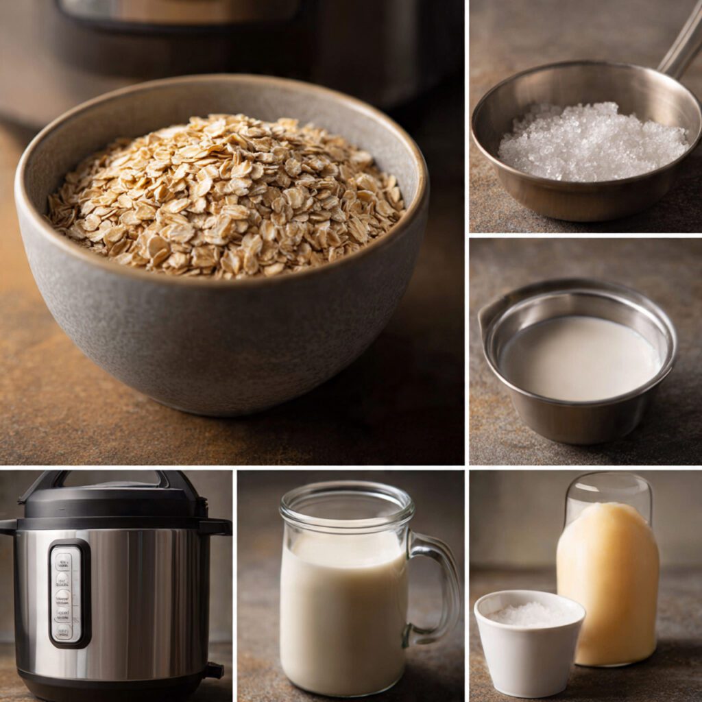 A collage showing the essential ingredients and tools: a cup of steel cut oats, a pot-in-pot metal bowl, water/milk, salt, and the Instant Pot displayed in the background.
