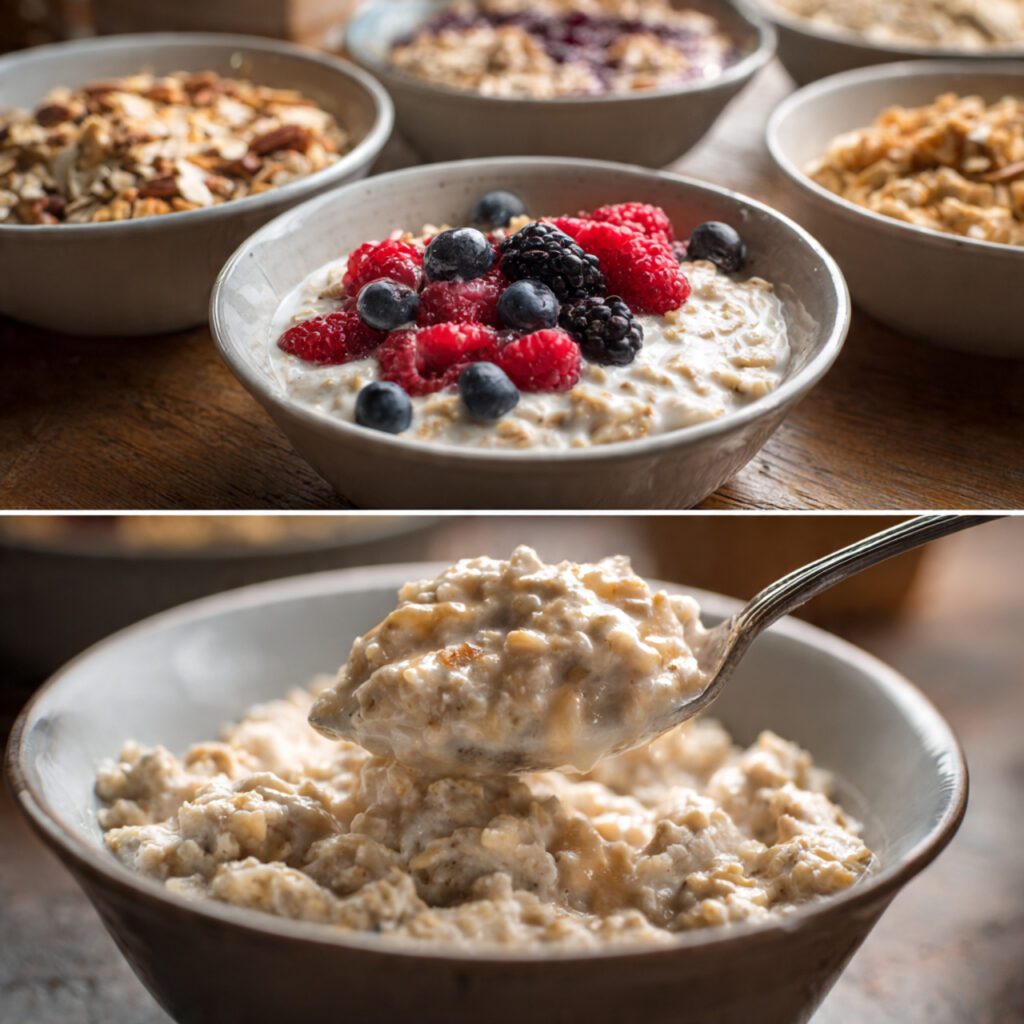 Two variations of the oats. One is a wide shot of several bowls of oats (different toppings) on a breakfast table. The other is an extreme close-up of a spoon lifting a scoop of the oats, showing the thick, creamy, yet distinctively chewy texture of the cooked steel cut grains.