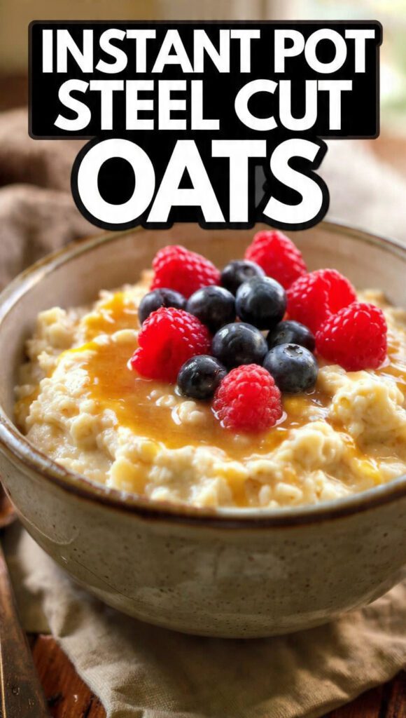 A close-up overhead shot of a bowl of thick, creamy Instant Pot Steel Cut Oats topped with fresh berries, nuts, and a drizzle of maple syrup. The text overlay reads: "INSTANT POT STEEL CUT OATS".
