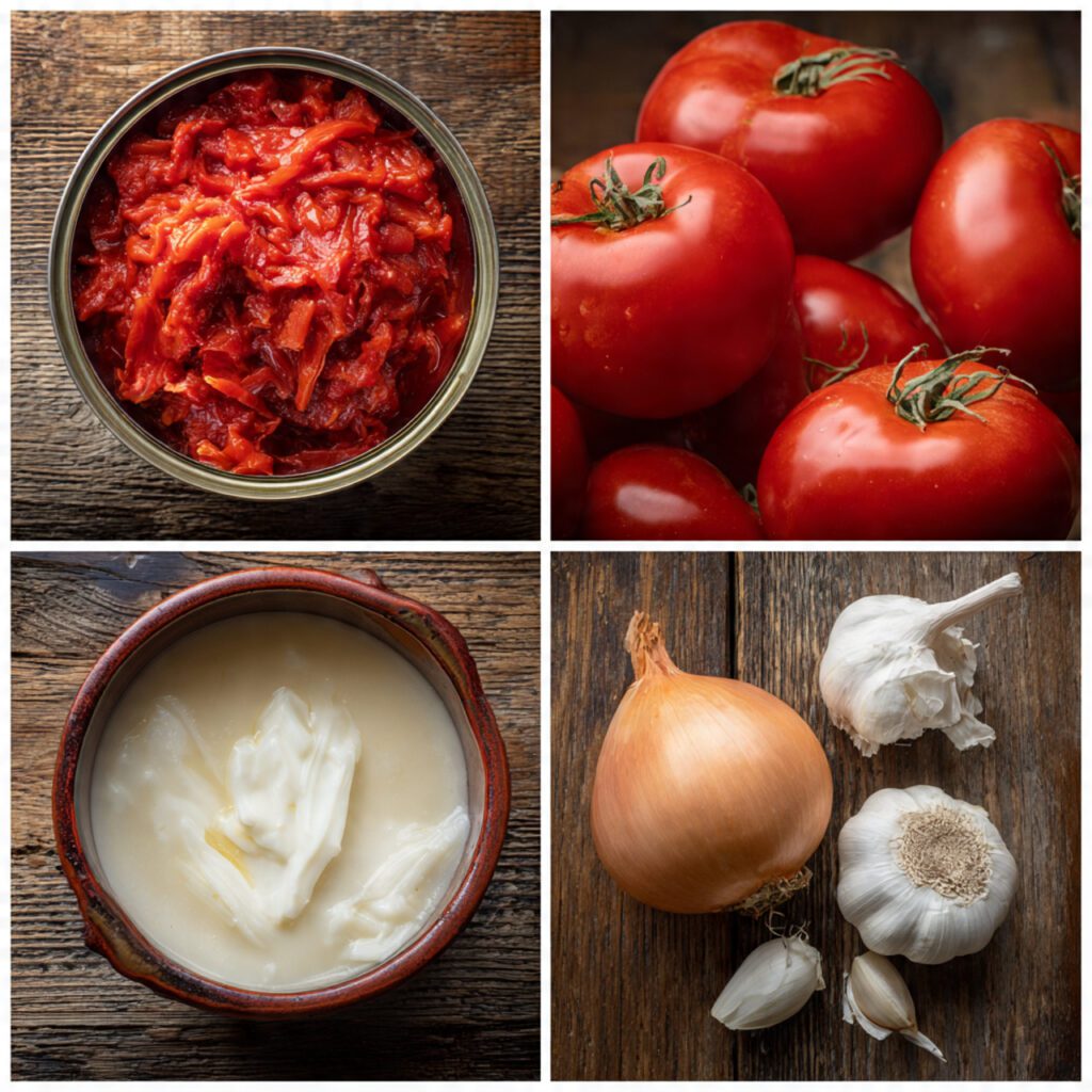 A collage showing the raw ingredients: canned crushed tomatoes, vegetable broth, an onion, fresh garlic cloves, and a carton of heavy cream/half-and-half.