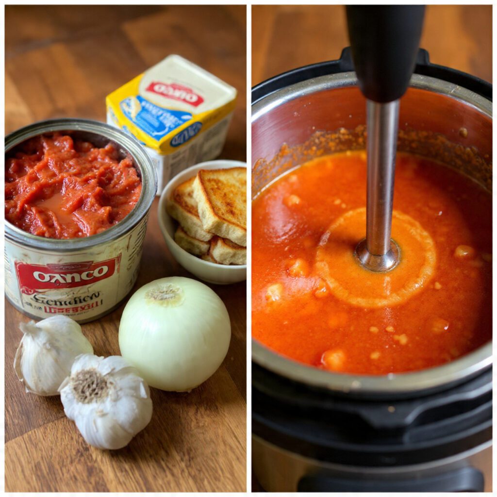 Two servings of the soup. One is a wide shot of the soup served in elegant bowls with croutons and grilled cheese sandwiches. The other is an extreme close-up of an immersion blender blending the soup directly in the Instant Pot liner, showing the thick, vibrant color.