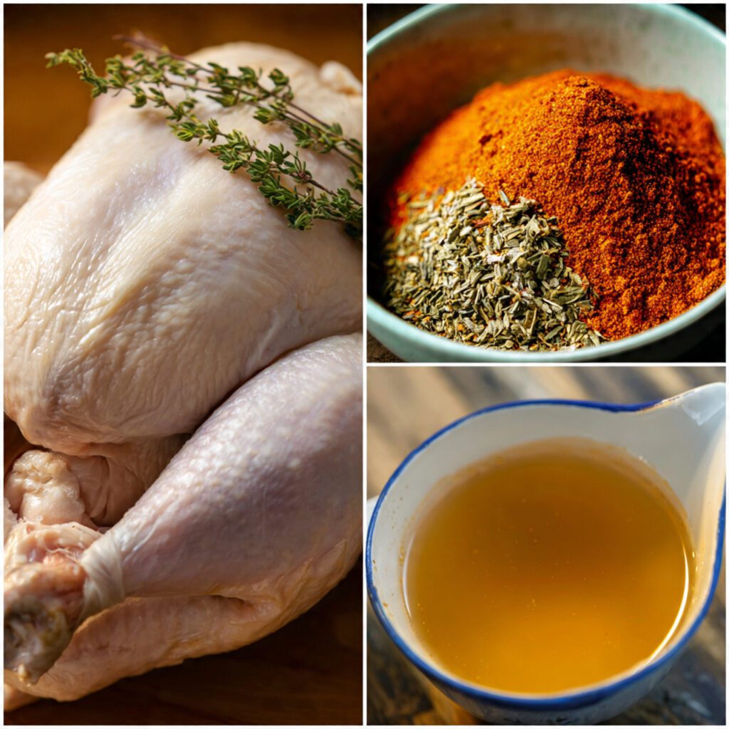 A collage showing the raw ingredients: a whole chicken (pat dry), a bowl of dry rub seasonings (paprika, thyme, salt), and a measuring cup of chicken broth, next to the Instant Pot.