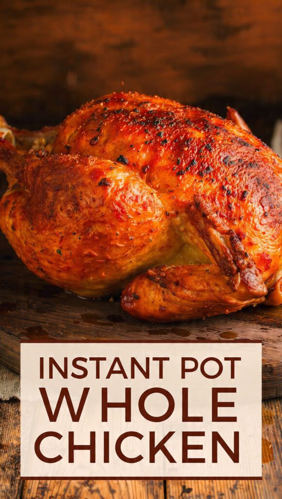 A close-up shot of a perfectly roasted whole chicken with golden-brown, crispy skin, resting on a cutting board, with a large knife ready for carving. The text overlay reads: "INSTANT POT WHOLE CHICKEN".