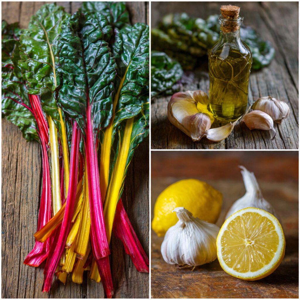 A collage showing the raw ingredients: a large bunch of rainbow Swiss Chard with red and yellow stems, a head of garlic, a fresh lemon, and a bottle of olive oil.