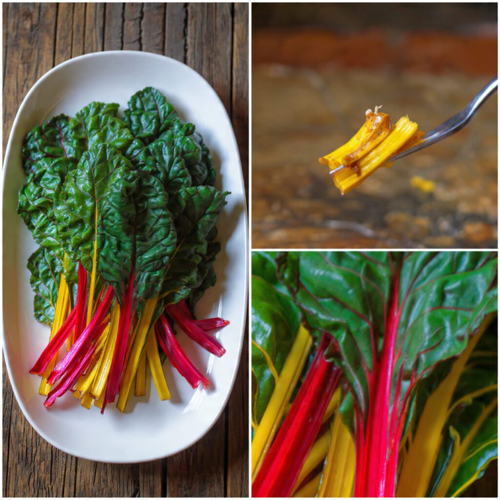 Two servings of the chard. One is a wide shot of the vibrant chard piled high on a white serving platter. The other is an extreme close-up of a forkful of the chard, showing the contrast between the silky wilted leaf and the crunchy, colorful stem piece.